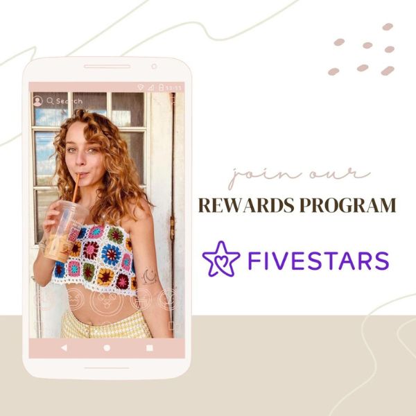 Square with teen girl wearing boho clothing with text that reads join our rewards program five stars